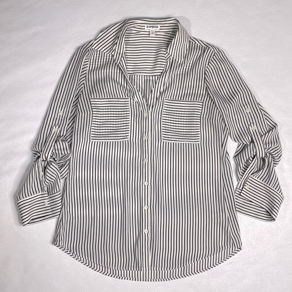 Express Small White with Black Stripes Button Down Top